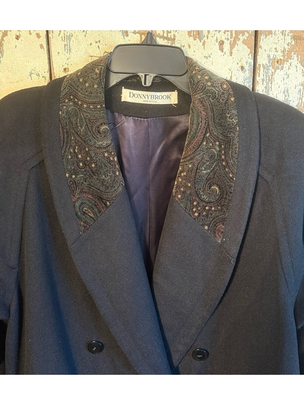 Donnybrook Vintage Black Double-breasted Long Wool Coat Paisley Velvet Collar 12